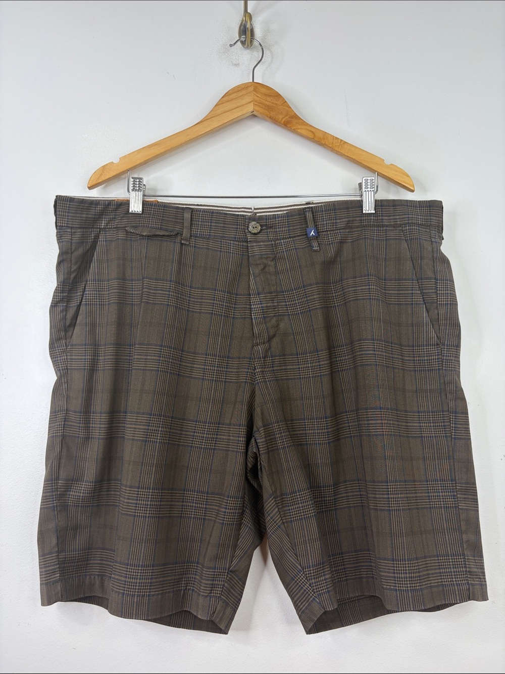 Wool Shorts Mens EU 52 US 40 x 9 Brown Plaid Flat Front Chino Made in Italy